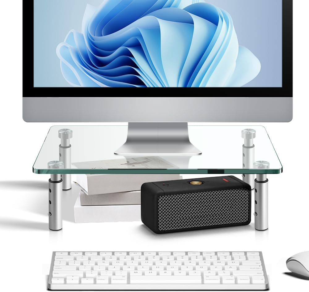 KKTONER GLASS Monitor Stand with Height Adjustable for Home Office 2 Pack Computer Monitor Riser PC Screen Riser for Desk Organzier Laptop