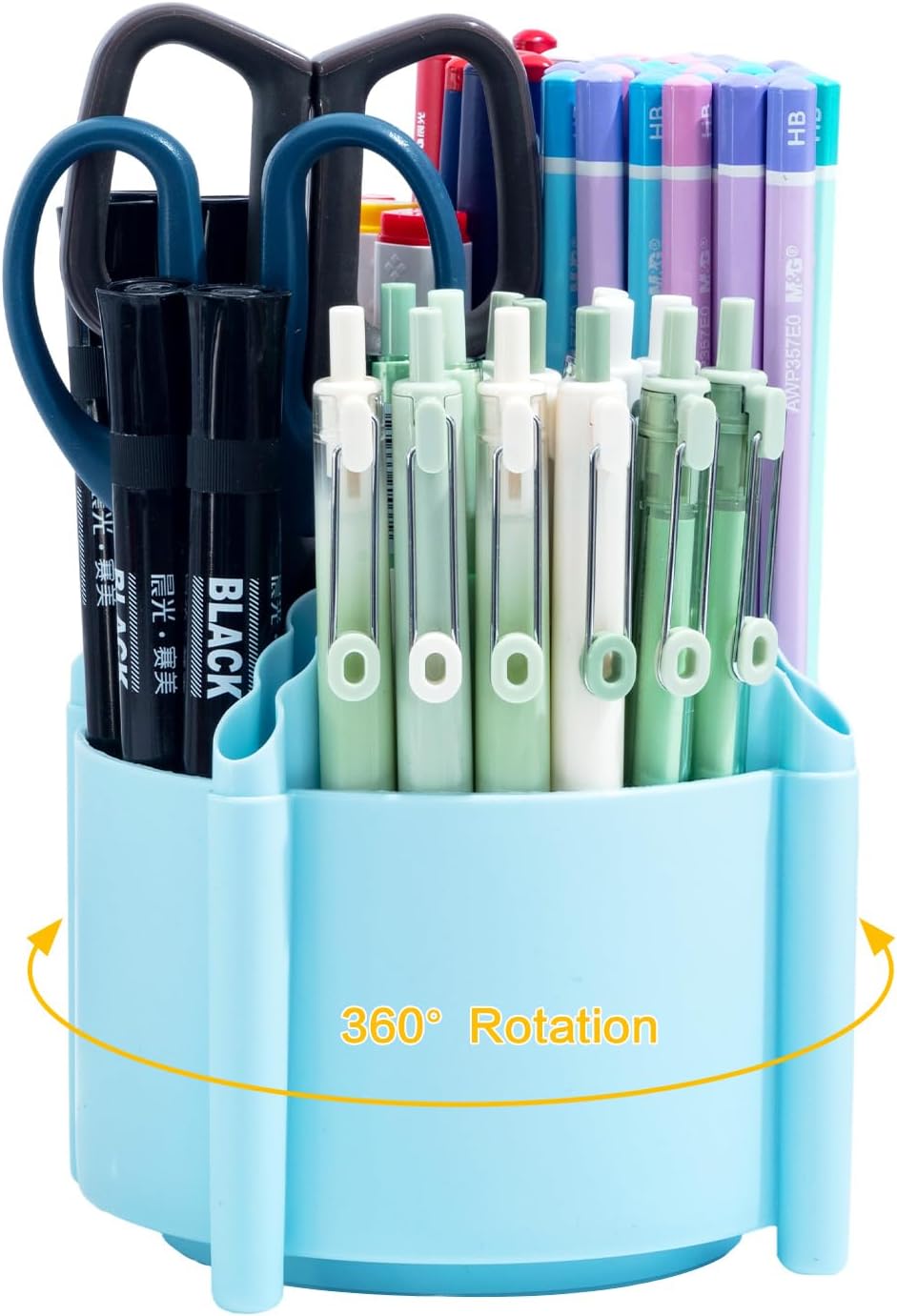 M&G 360 Degree Rotating Desk Organizer, 4 Slot Pencil Holder with Stickers, Multi-Purpose Cute Pen Pencil Cup for Make Up Brush Office School Home (Blue)