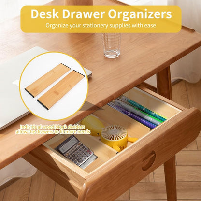 Bamboo Drawer Organizer with 2 Dividers, 5PCS Adjustable Junk Desk Organizer Trays with 7 Grid , Wood Stackable Storage Boxes Bins for Kitchen Flatware, Office Desktop, Bathroom Makeup, Jewelry