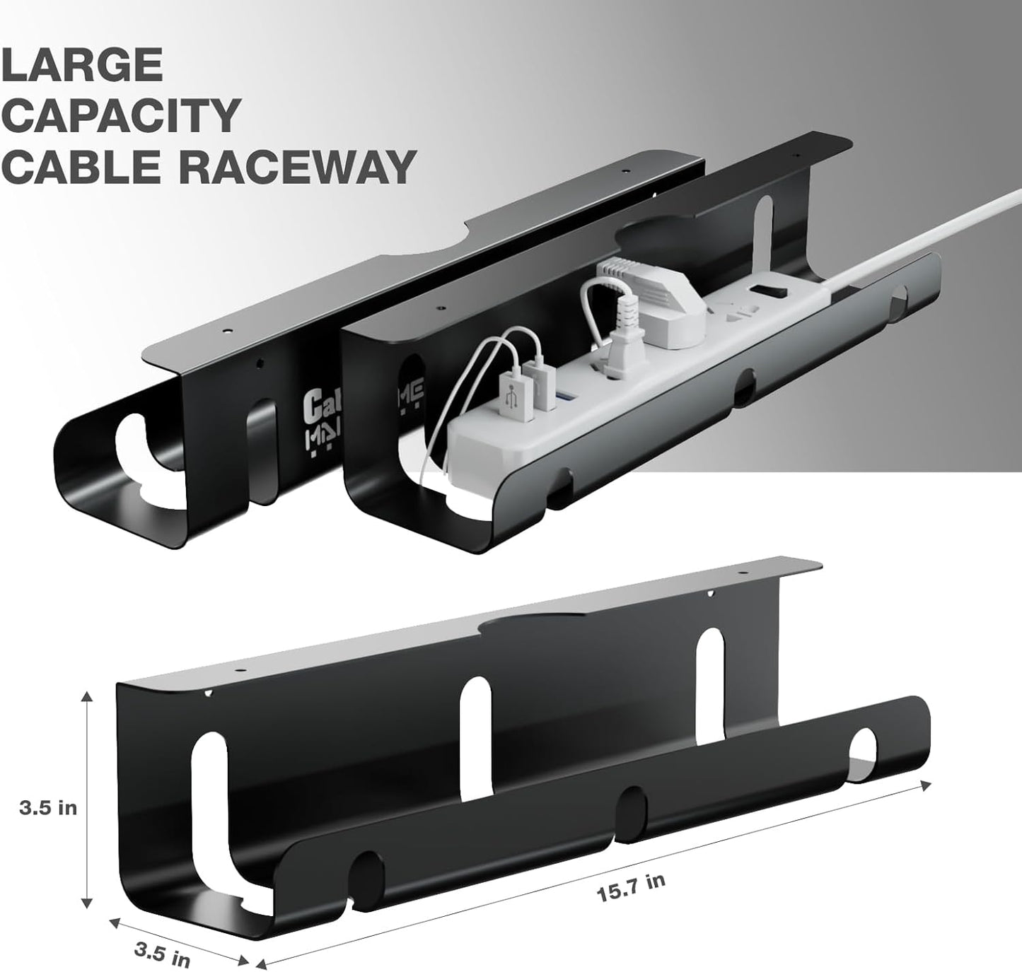 Under Desk Cable Management Tray, 2 Pack 16 Inch Black Metal Cord Organizer, No Drill Adhesive or Screw Mount for Glass/Marble/Office/Gaming Desk, Black