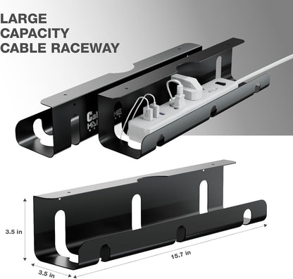 Under Desk Cable Management Tray, 2 Pack 16 Inch Black Metal Cord Organizer, No Drill Adhesive or Screw Mount for Glass/Marble/Office/Gaming Desk, Black
