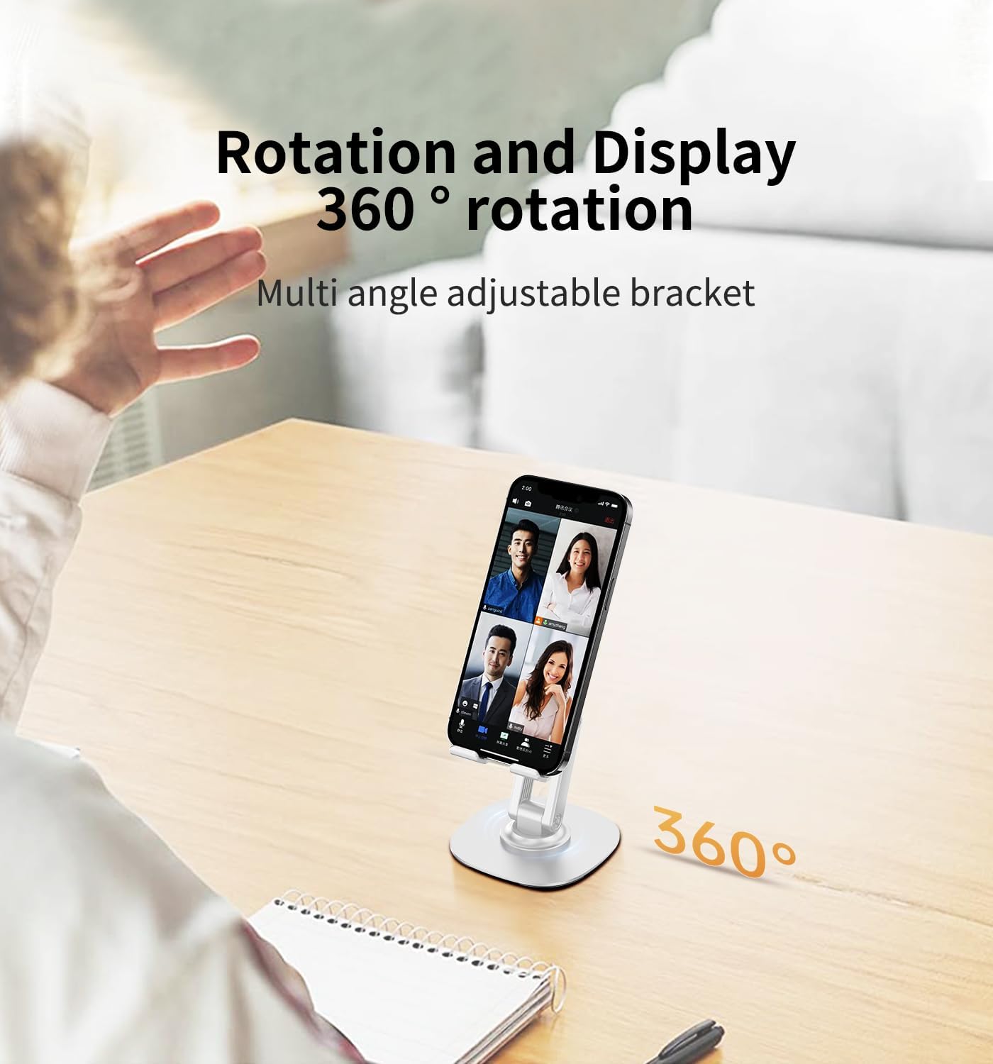 360° Rotating Cell Phone Stand for Desk, Adjustable & Foldable Phone Holder, Aluminum Desktop Phone Stand with Anti-Slip Base, Compatible with iPhone, iPad, Android Phones, K69-Black