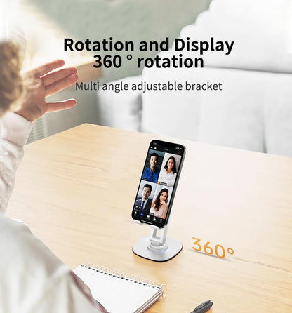 360° Rotating Cell Phone Stand for Desk, Adjustable & Foldable Phone Holder, Aluminum Desktop Phone Stand with Anti-Slip Base, Compatible with iPhone, iPad, Android Phones, K69-Black