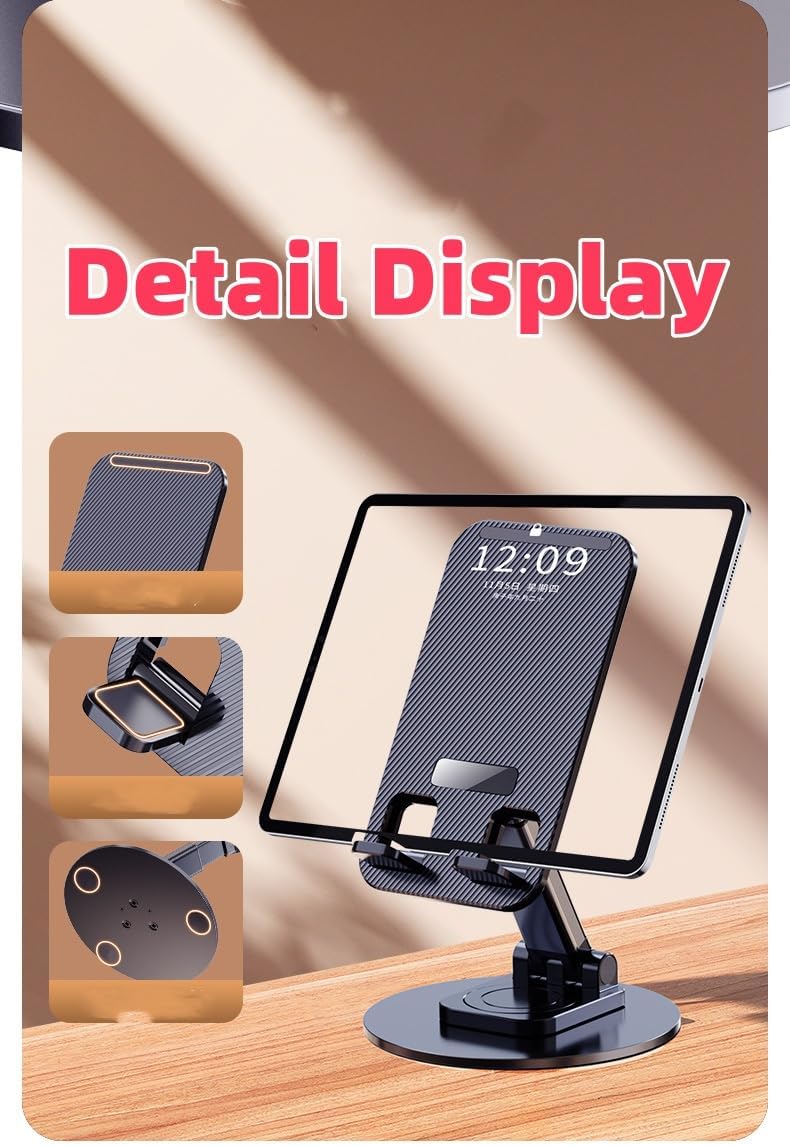 Adjustable Phone Stand, 360-Degree Rotating Metal Desktop Holder for Mobile Phones, Tablets, iPads, iPhones, and Nintendo Switch, Foldable and Portable, Black