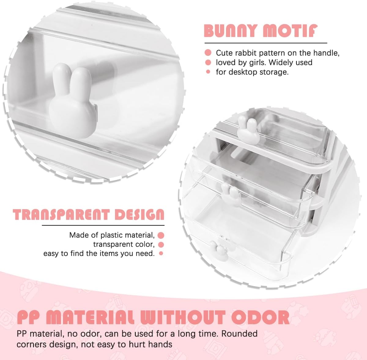 3 Layer Plastic Storage Drawer Bunny Transparent Cosmetic Organizer Rabbit Makeup Organizer Storage Container for Office School Home（White）