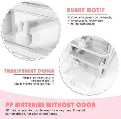 3 Layer Plastic Storage Drawer Bunny Transparent Cosmetic Organizer Rabbit Makeup Organizer Storage Container for Office School Home（White）