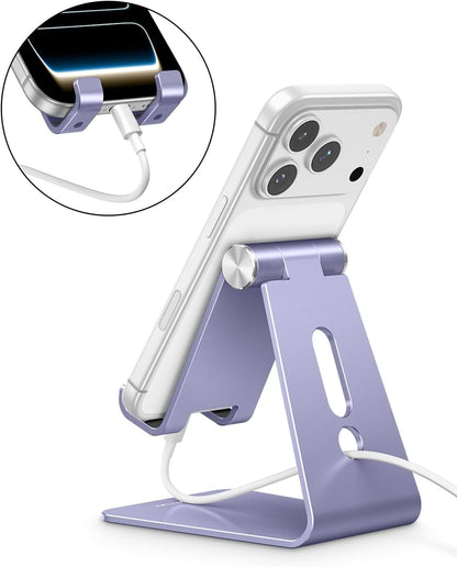 Adjustable Cell Phone Stand, OMOTON Aluminum Desktop Cellphone Stand with Anti-Slip Base and Convenient Charging Port, Fits All Smart Phones, Silver