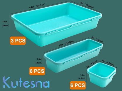 Kutesna 15 Piece Drawer Organizer Set, 3 Size Interlocking Plastic Storage Bins for Office Supplies, Jewelry Makeup Vanity, Bathroom Kitchen, Home Organization Closet, Gadgets Small Items, Black