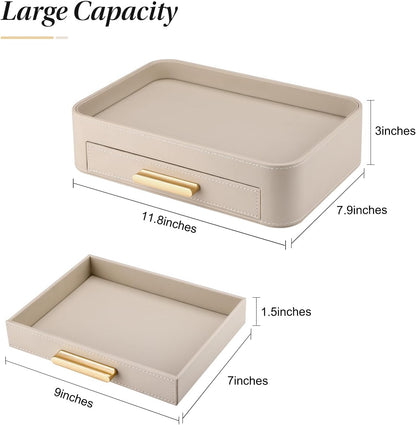 GORESE PU Leather Valet Tray with Drawer, Nightstand Organizer Catch All Tray for Jewelry Perfume Purse Trinket Key Holder, EDC Trays for Desk Vanity Entryway Table, Gift for Women Men, Cream White