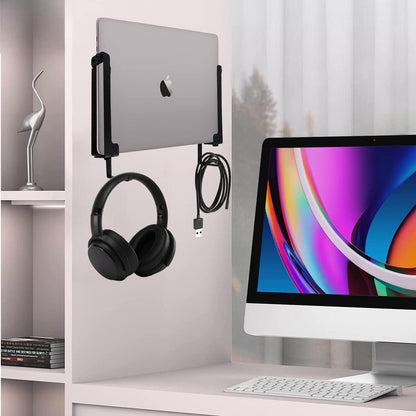 IFCASE Aluminum Wall Laptop Mount Holder for MacBook Air, Pro, Surface, iPad, Tablets, Cell Phones with Headphone Hook, Anti-Scratch Pads, Adhesive & Screws (Black)