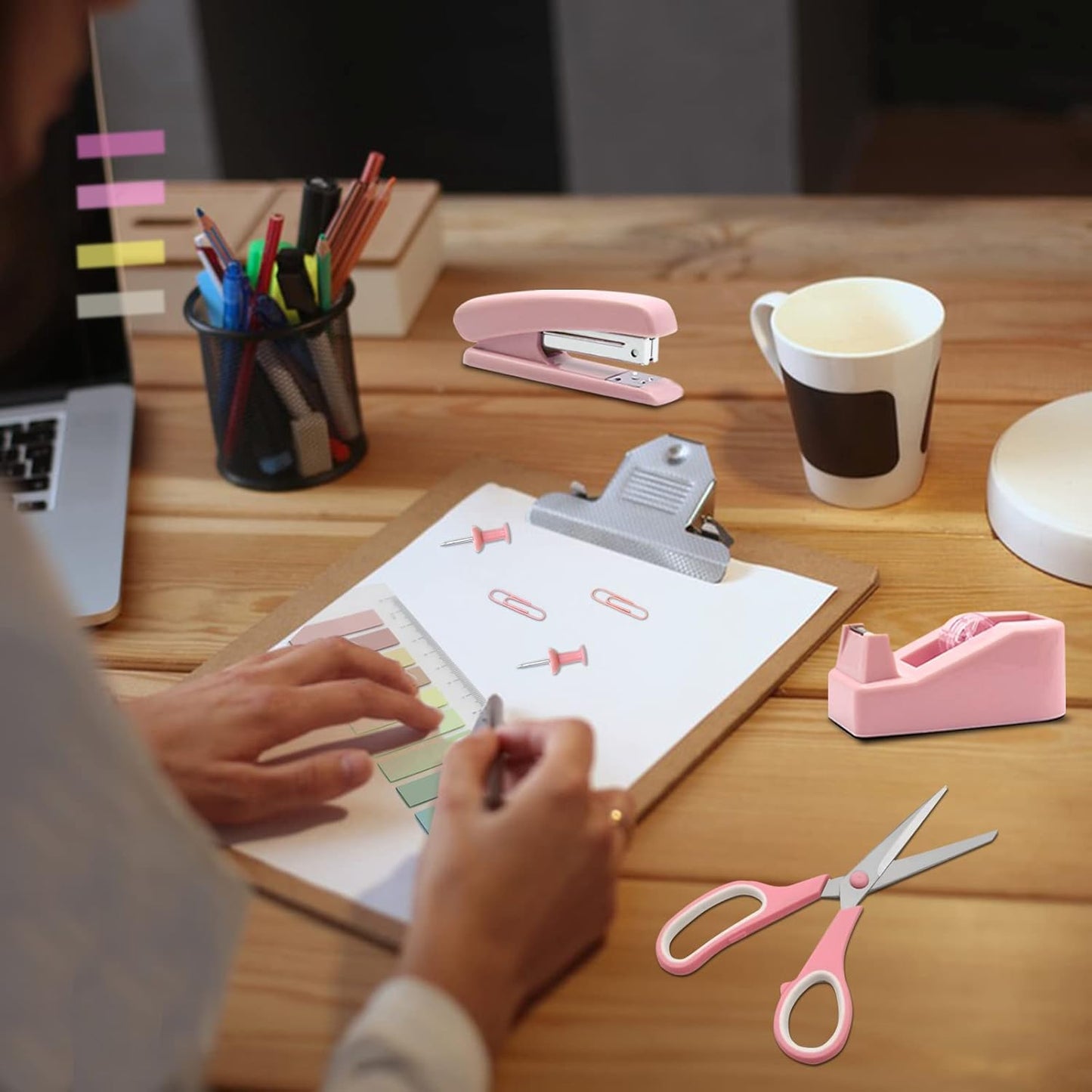 Gold Office Supplies,UPIHO Gold Desk Accessories,Stapler and Tape Dispenser Set with Large Stapler,Tape Dispenser, Staple Remover, Staples, Clips,Scissor,Pen and Sticky Notes,Gifts for Office Clerks