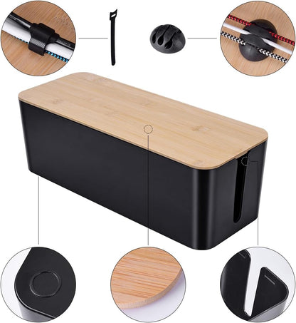 2 Pack Large Cable Management Box – Wooden Style Cord Organizer and Cover for TV Wires, Computer, Router, USB Hub and Under Desk Power Strip – Safe ABS Material and Baby-Pets Proof Lock (White)