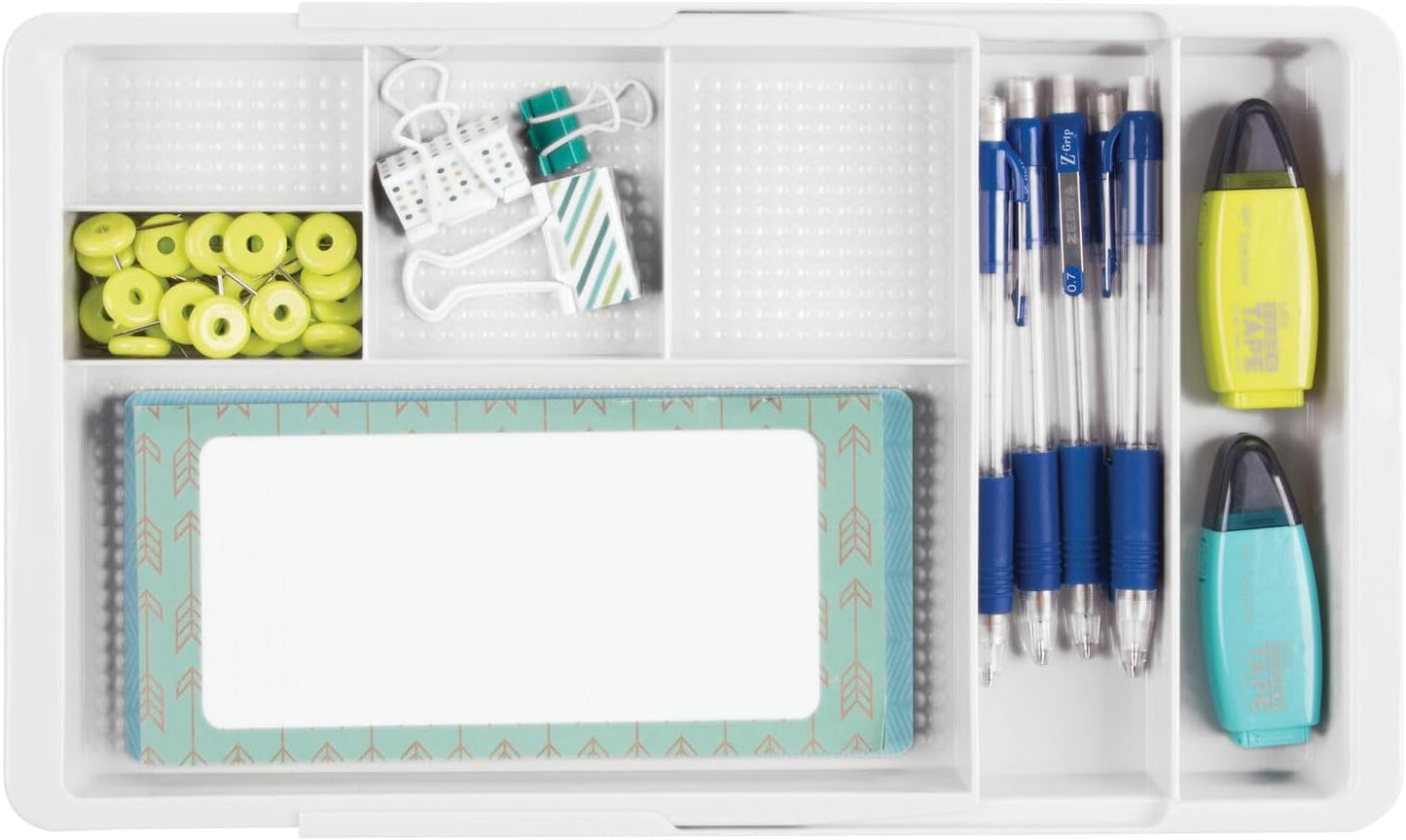 mDesign Expandable Plastic Drawer Organizer and Storage Container for Office Supplies - Gel Pen Pencil, Marker, Stationary, Desk Supply Holder for Drawers and Desktop - Lumiere Collection - Light Gray