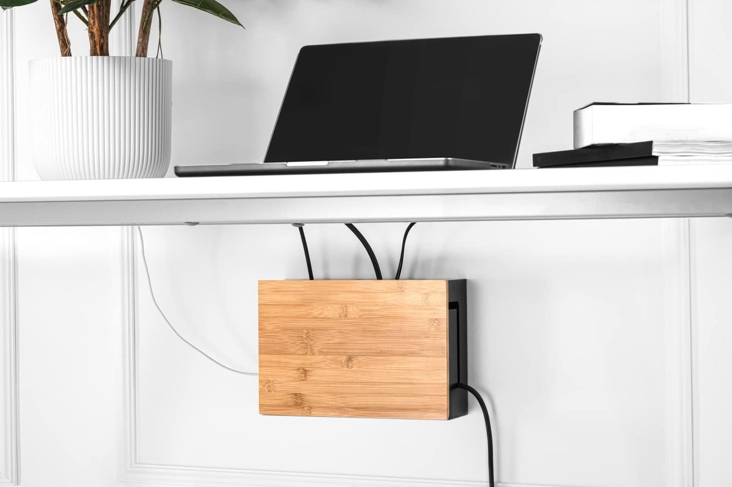Bamboo Cable Management Box with Magnetic Lid - 12,6x7,8x4.3 in - Durable Cable Organizer to Hide Cords & Power Strip - Wall Mountable - Including Hardware - for Home, Office, Desk & More (White)