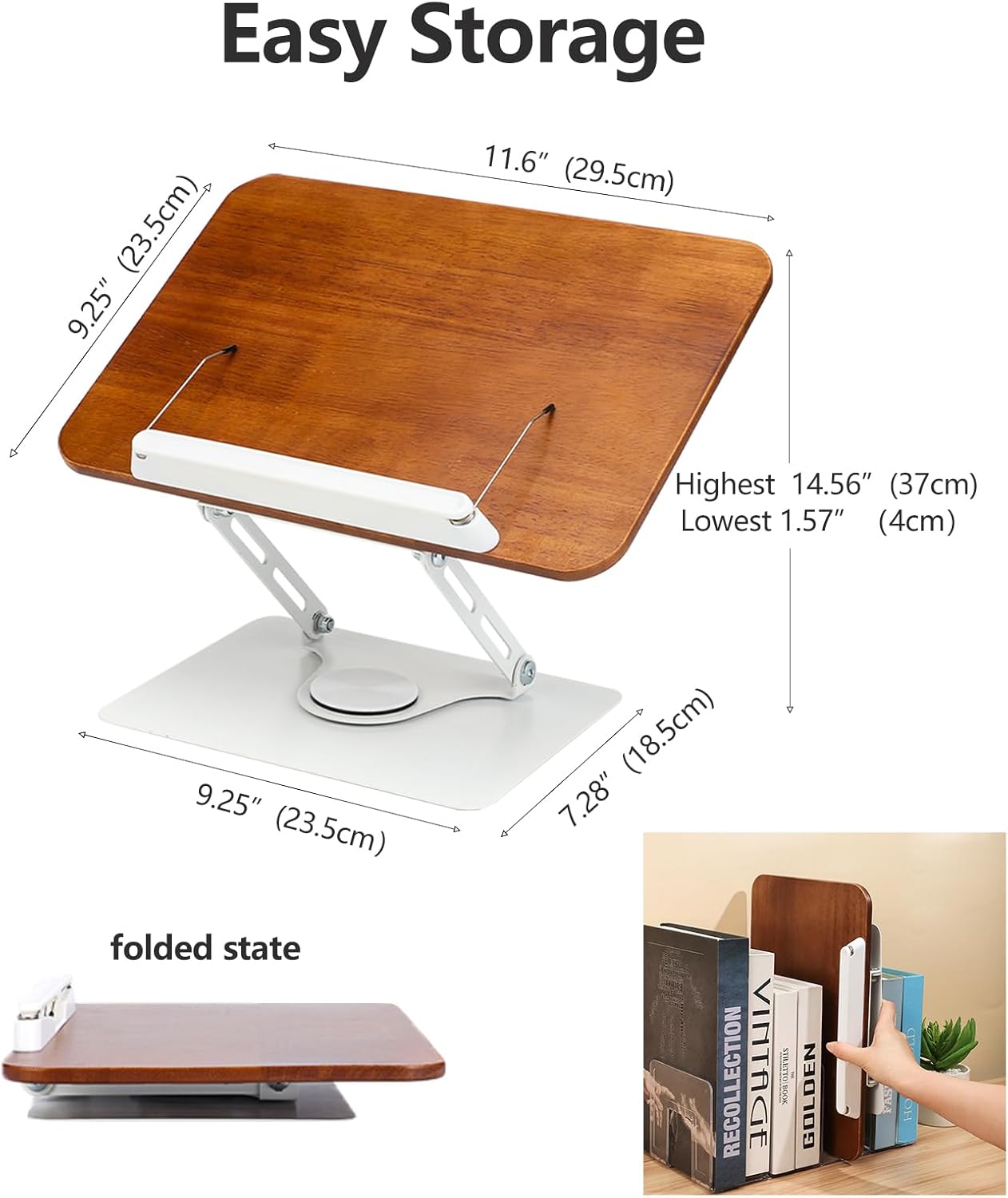 360° Rotating Book Stand for Reading, Adjustable Foldable Book Holder for Reading, Cooking, Office, Compatible with Cookbooks, Textbooks, Tablets, Sheet Music, and Laptops (Black Walnut)