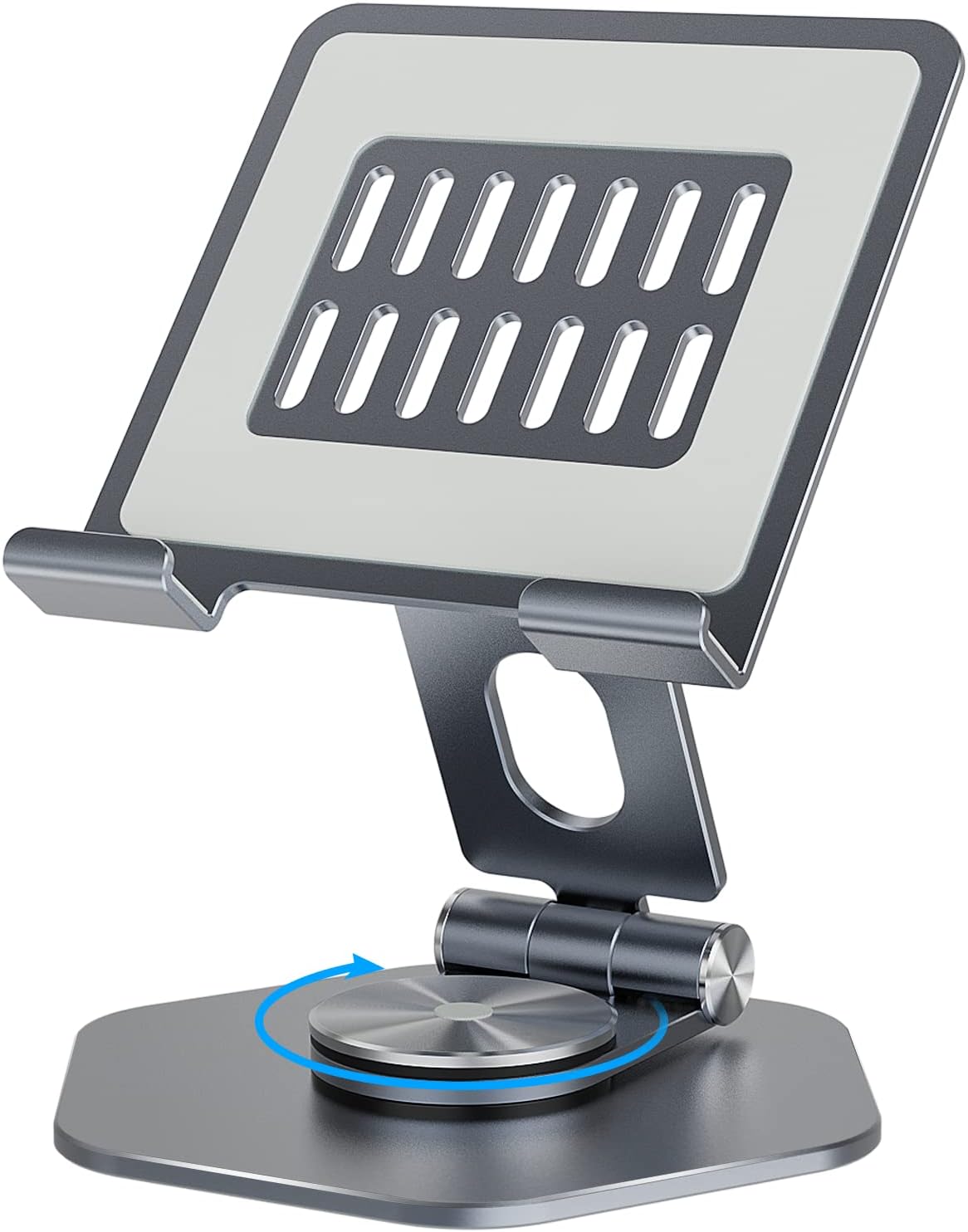 Aluminum Tablet Stand for Desk, 360° Swivel iPad & Tablet Holder – Thickened Material & Foldable Desktop Mount for 5–12.9in Devices, Black
