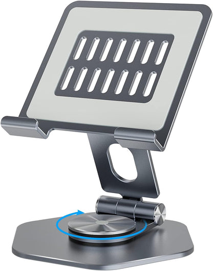 Aluminum Tablet Stand for Desk, 360° Swivel iPad & Tablet Holder – Thickened Material & Foldable Desktop Mount for 5–12.9in Devices, Black