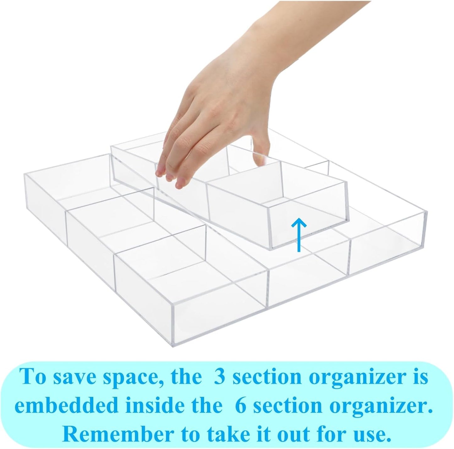 Peohud 2 Pack Acrylic Drawer Organizer Tray, 6/3 Section Clear Makeup Tray Organizer for Drawer, Junk Drawer Storage for Office Desk Supplies and Accessories