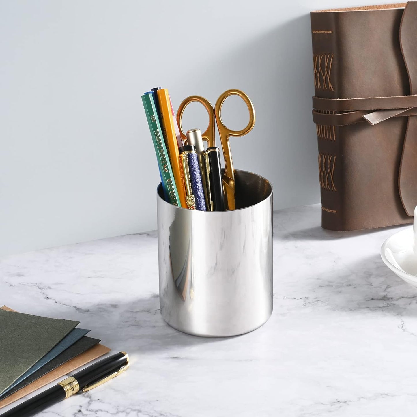 Gold Pencil Holder for Desk, 304 Stainless Steel Pencil Cup, Pen Holder Cup, Pen Pot, Makeup Brush Holder, Desktop Accessory Stationery Organizer