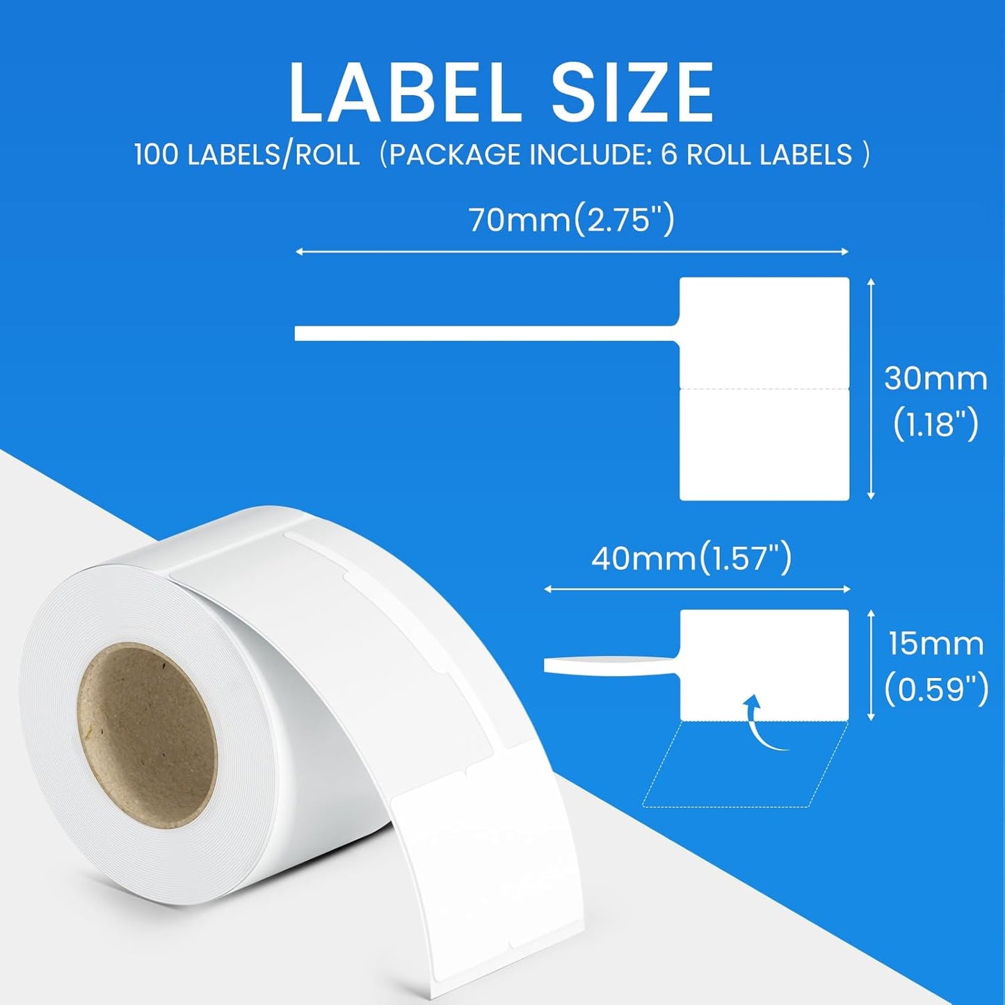 Clabel Printable White Cable Labels 6 Rolls of Thermal Self-Adhesive Paper Labels Tape, 25x78mm (1"x3") 100 Sheets Per Roll, Black Print on White Sticker Tags Durable