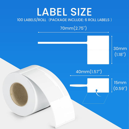 Clabel Printable White Cable Labels 6 Rolls of Thermal Self-Adhesive Paper Labels Tape, 25x78mm (1"x3") 100 Sheets Per Roll, Black Print on White Sticker Tags Durable