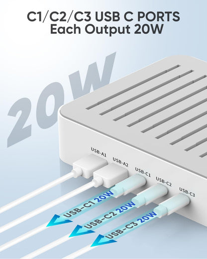 MSTJRY USB C Charging Station for Multiple Devices : 90W 5 Ports Multi Fast Charger for iPhone iPad Tablets Phone - Charging Dock Organizer with Adjustable Dividers for Home Office Classroom
