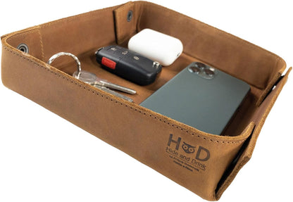 Hide & Drink, Leather Catchall Tray, Easy Access Organizer for Keys, Coins, Change, Jewelry, Watches, Smartphones, Durable, Vintage Style, Handmade :: Bourbon Brown