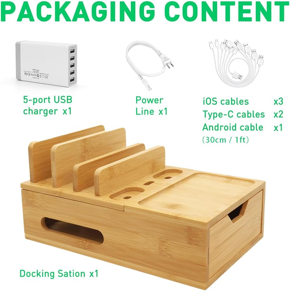 Bamboo Charging Station for Multiple Devices, Desk Charging Organizer with Drawer & Tray, Wood Docking Station for Multi Devices, Cell Phone, Tablet (Included 6 Cables, 5 Port USB Charger)
