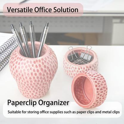 Ceramic Paper Clip Holder, Strawberry Pen Holder Set, Desktop Aesthetic Creative Storage Set of 2, Office Home Decor(Red)