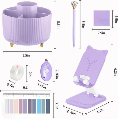 suniya Office Supplies,Gold Desk Accessories,with Stapler,Tape Dispenser,Pen Holder,Scissors,Phone Stand,Staple Remover,Ballpoint Pen,Clear Tape, Staples,Ruler,Clips,Best Gift for Business or Boss