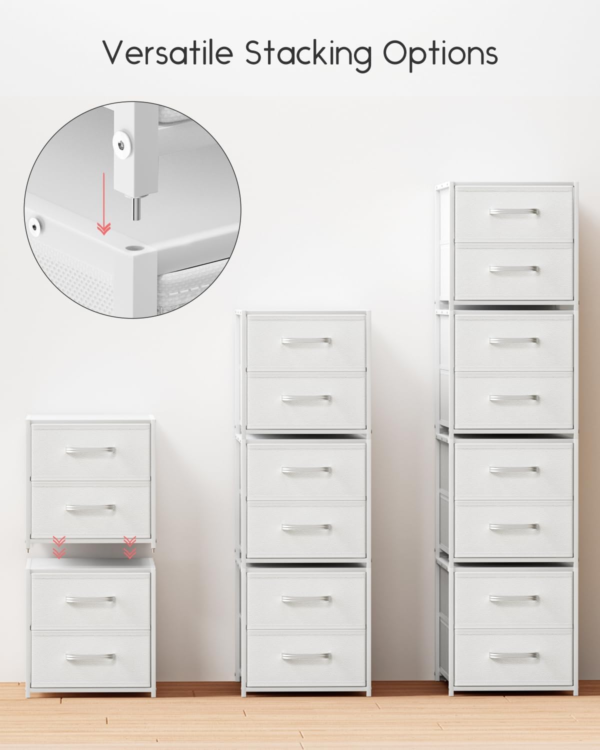 Homsorout Stackable Storage Drawers - 2 Tier Closet Organizer with Metal Handles and Metal Frame, Fabric Dresser with Collapsible Bins for Bedroom, Dorm, Office, White, 2 Pack
