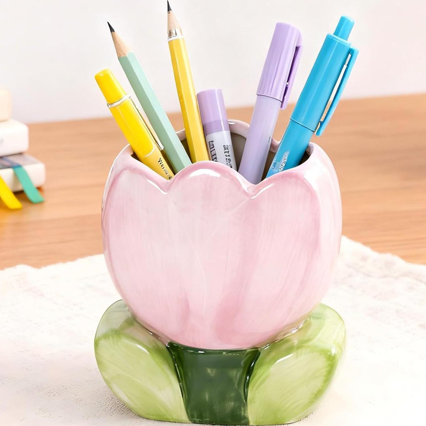 Pen Holder for Desk Cute Toothbrush Holder Tulips Vase Decor Aesthetic Pencil Holder for Office Makeup Brush Holder Yellow Kawaii Desk Accessories Home Decor Birthday Gifts for Women