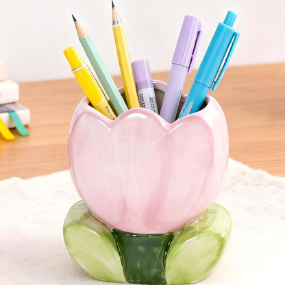 Pen Holder for Desk Cute Toothbrush Holder Tulips Vase Decor Aesthetic Pencil Holder for Office Makeup Brush Holder Yellow Kawaii Desk Accessories Home Decor Birthday Gifts for Women