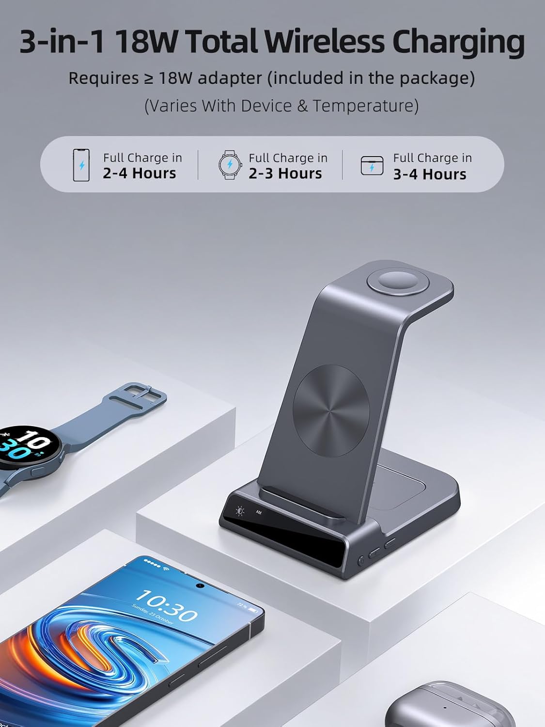 Wireless Charger for Samsung Charging Station: 3 in 1 Android Charging Stand with Dimmable Clock - Nightstand Organizer for Galaxy S25 Ultra, Galaxy Watch 8 7 6 5 4, Galaxy Buds, Space-Saving Charger