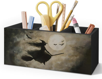 Gothic Office Decor Black Wooden Pen Pencil Holder for Desk Accessories, Dark Gothic Witchy Aesthetic Wood Makeup Brush Toothbrush Holder Organizer for Vanity Bathroom
