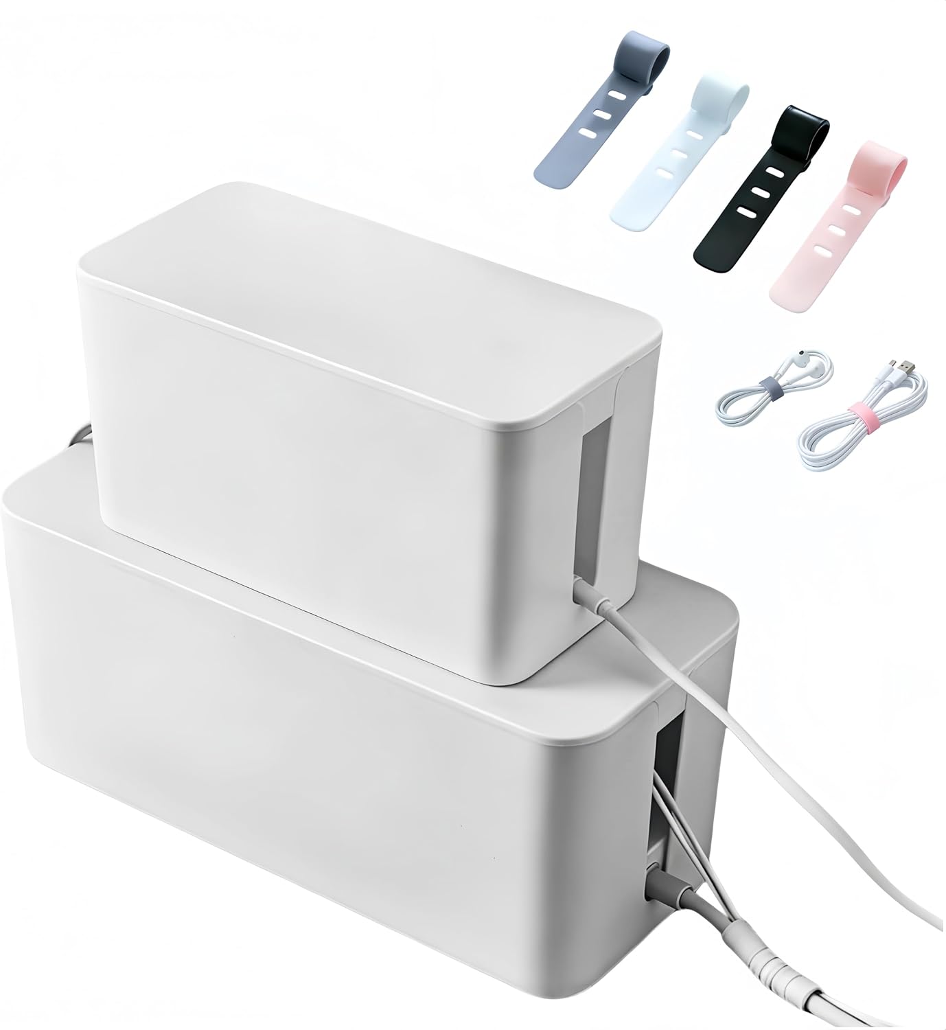 1Large+1Small Cable Organizer Set with 4 Silicone Cable Ties, 2-Piece Cable Management Box, Bamboo Lid Cord Organizer for Home Office,Set of Two Cable Box,Cable Organizer Box(Bamboo lid/White)