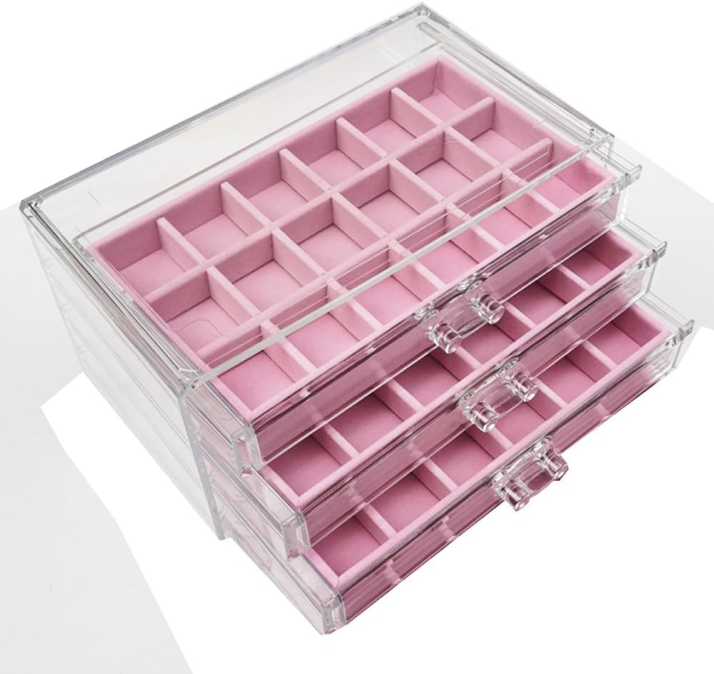 YUFONG Earring Organizer Box Acrylic Jewelry Organizer with 3 Drawers 54 Adjustable Grids Clear Stackable Earring Holder Velvet Trays Ring Display Case for Women Girls (Beige)