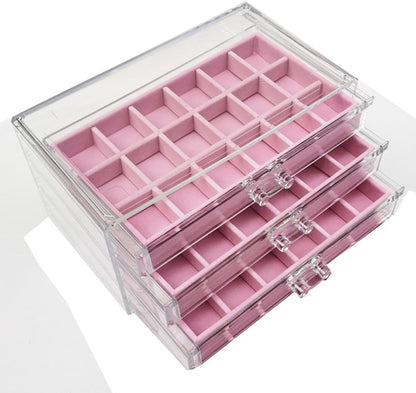 YUFONG Earring Organizer Box Acrylic Jewelry Organizer with 3 Drawers 54 Adjustable Grids Clear Stackable Earring Holder Velvet Trays Ring Display Case for Women Girls (Beige)