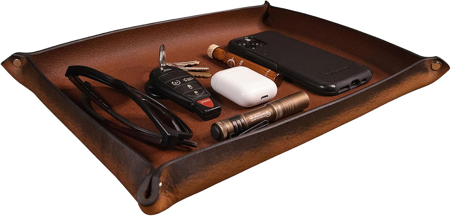 Valet Tray – Full-Grain Leather Catchall Organizer for Keys, Phone & Wallet – Rustic Nightstand & Desk Tray with Raised Sides – Handmade in USA (Vintage Brown, Small Rectangle)