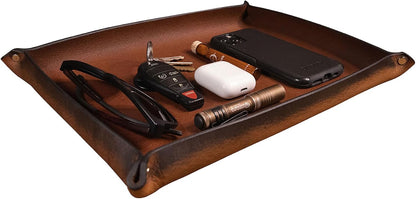 Valet Tray – Full-Grain Leather Catchall Organizer for Keys, Phone & Wallet – Rustic Nightstand & Desk Tray with Raised Sides – Handmade in USA (Vintage Brown, Small Rectangle)