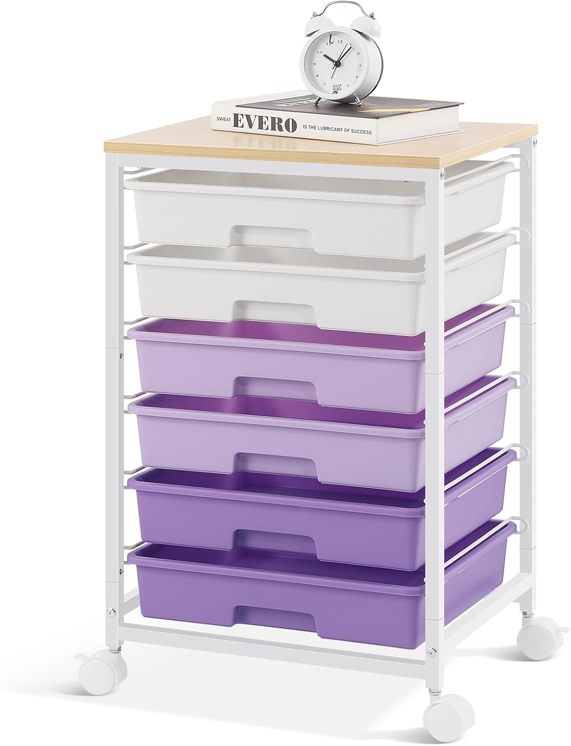 SYKIARIOL Rolling Storage Utility Cart with 6 Drawers and Wooden Tabletop for Under Desk Storage,White