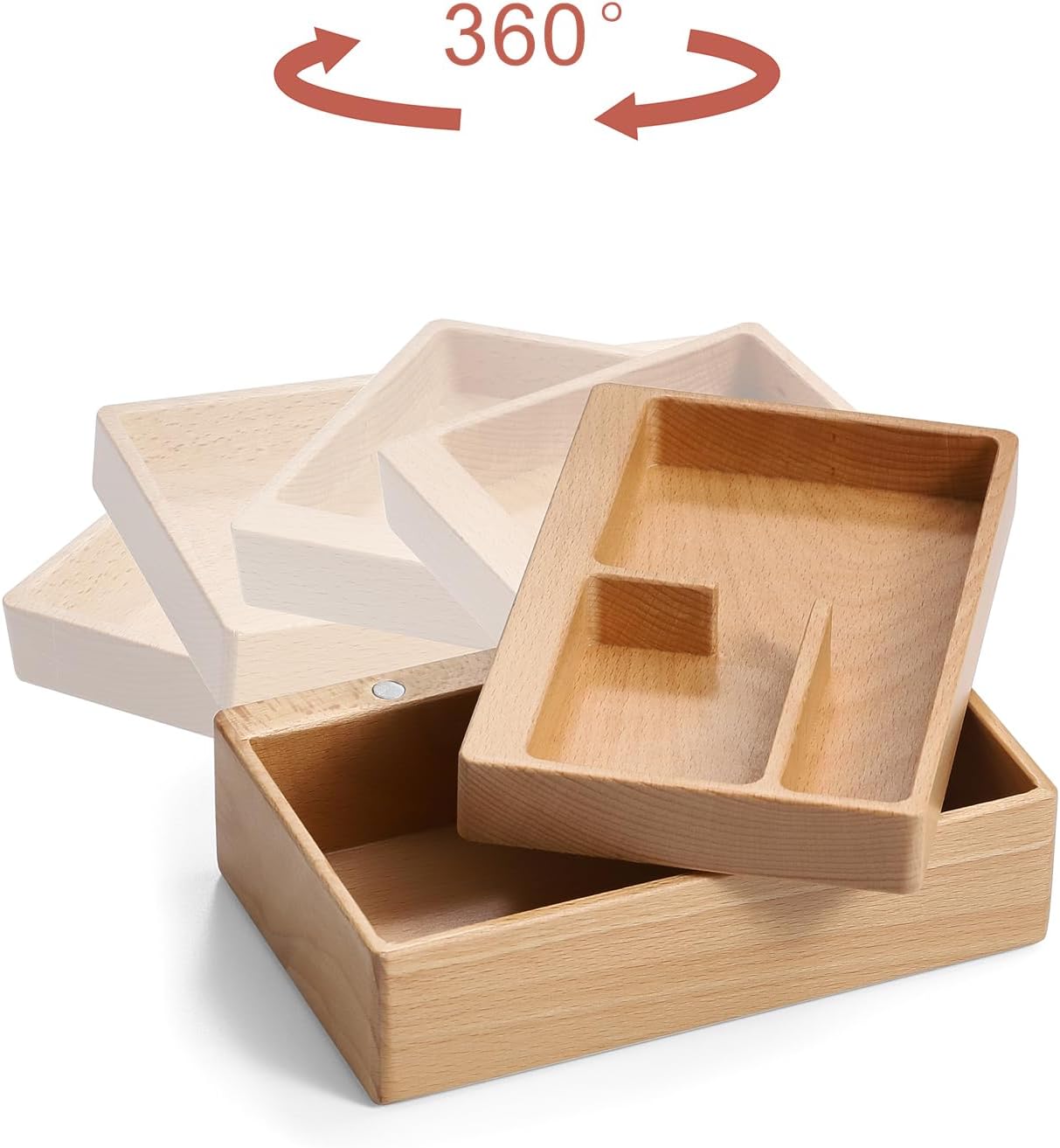 Valet Tray Box, Beech Wooden Storage Box with Magnetic Rotating, Office Desk Daily Supplies Organizer (Beech)