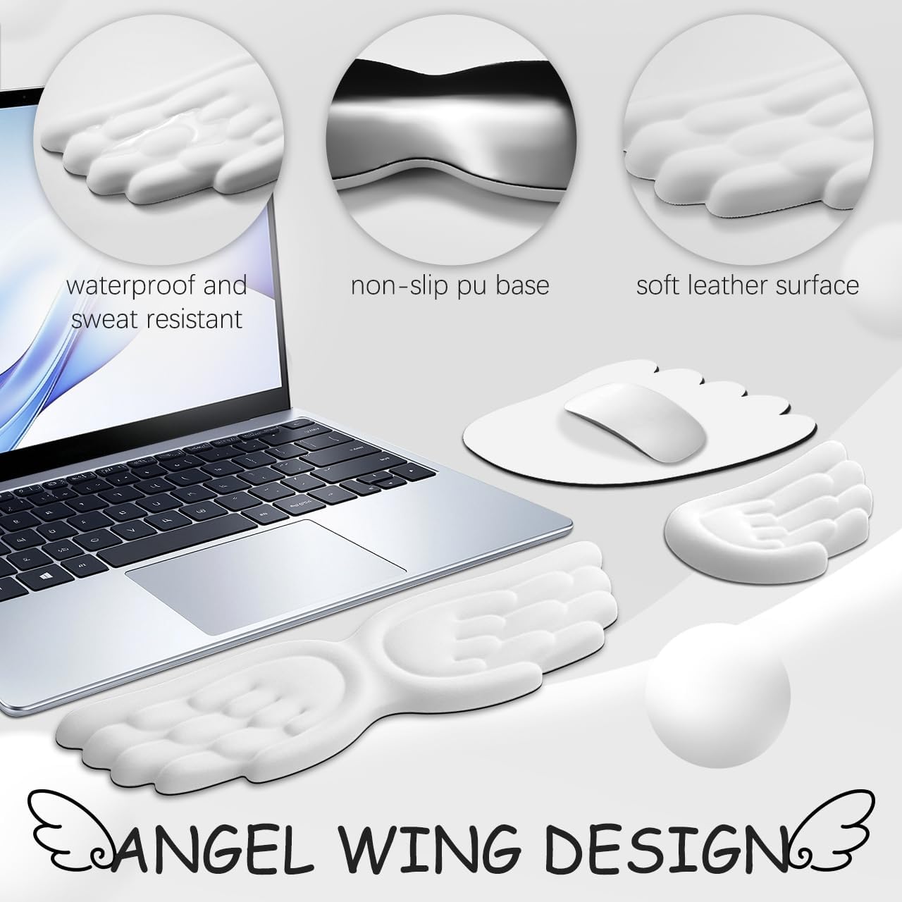 JIKIOU Angel Wing Wrist Rest Ergonomic Memory Foam Wrist Rest for Computer Keyboard Mouse Set, Cute Leather Keyboard & Mouse Support with PU Anti-Slip Base Waterproof White