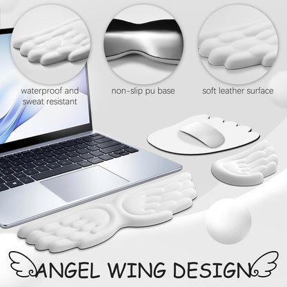JIKIOU Angel Wing Wrist Rest Ergonomic Memory Foam Wrist Rest for Computer Keyboard Mouse Set, Cute Leather Keyboard & Mouse Support with PU Anti-Slip Base Waterproof White