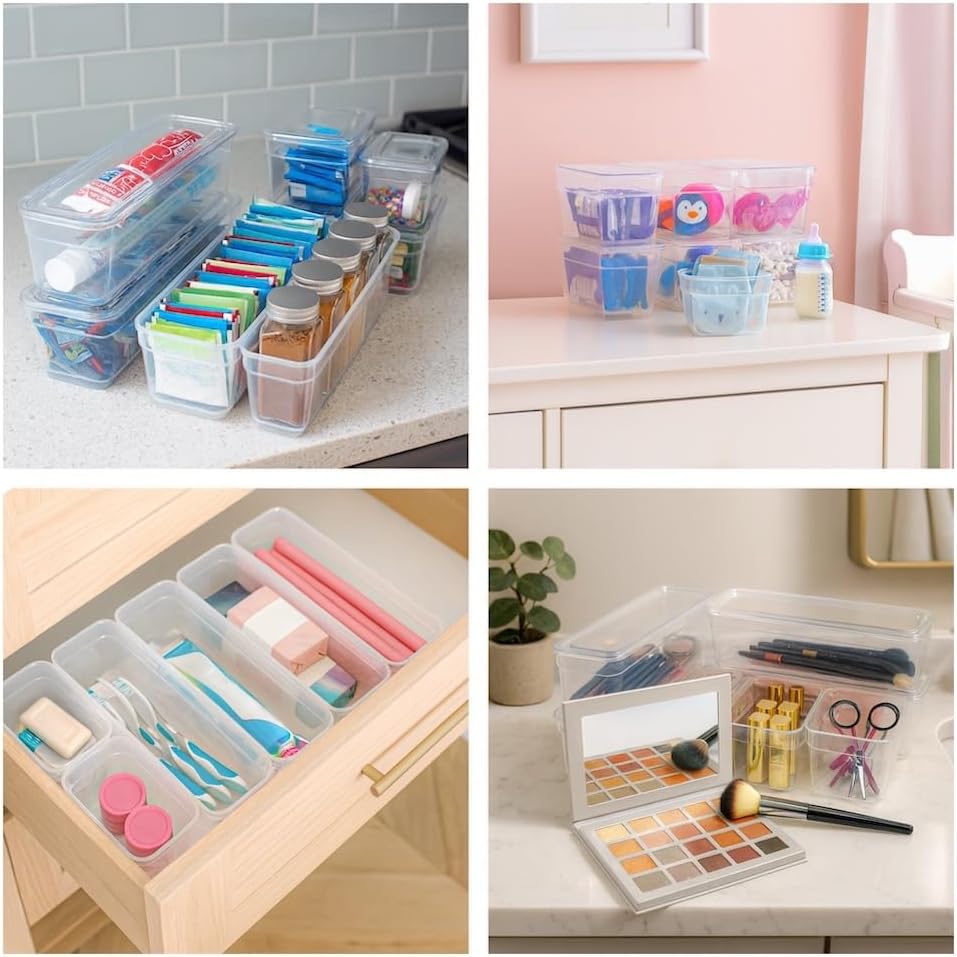Best Kept 6 Bin Pack, Long Home Organizer Storage Boxes with Lids, Translucent Clear