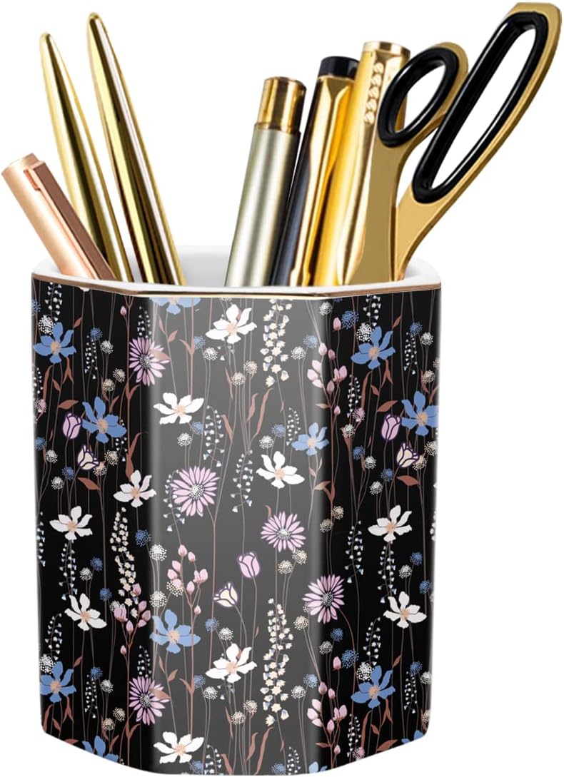WAVEYU Ceramic Pen Holder for Desk Cute, Pencil Cup Pot Desk Organizer, Makeup Brush Holder for Women, Men, Kids, Desk Marble Decor for Office, Classroom, Home, Gray Golden