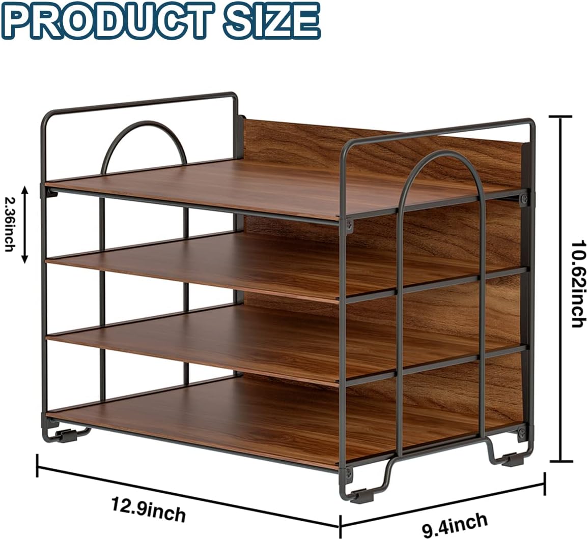 LUCYCAZ 4 Tier Paper Organizer for Desk - Wood Desk Organizer, Metal Paper Tray Organizer, File Organizer for Office Home School, Black