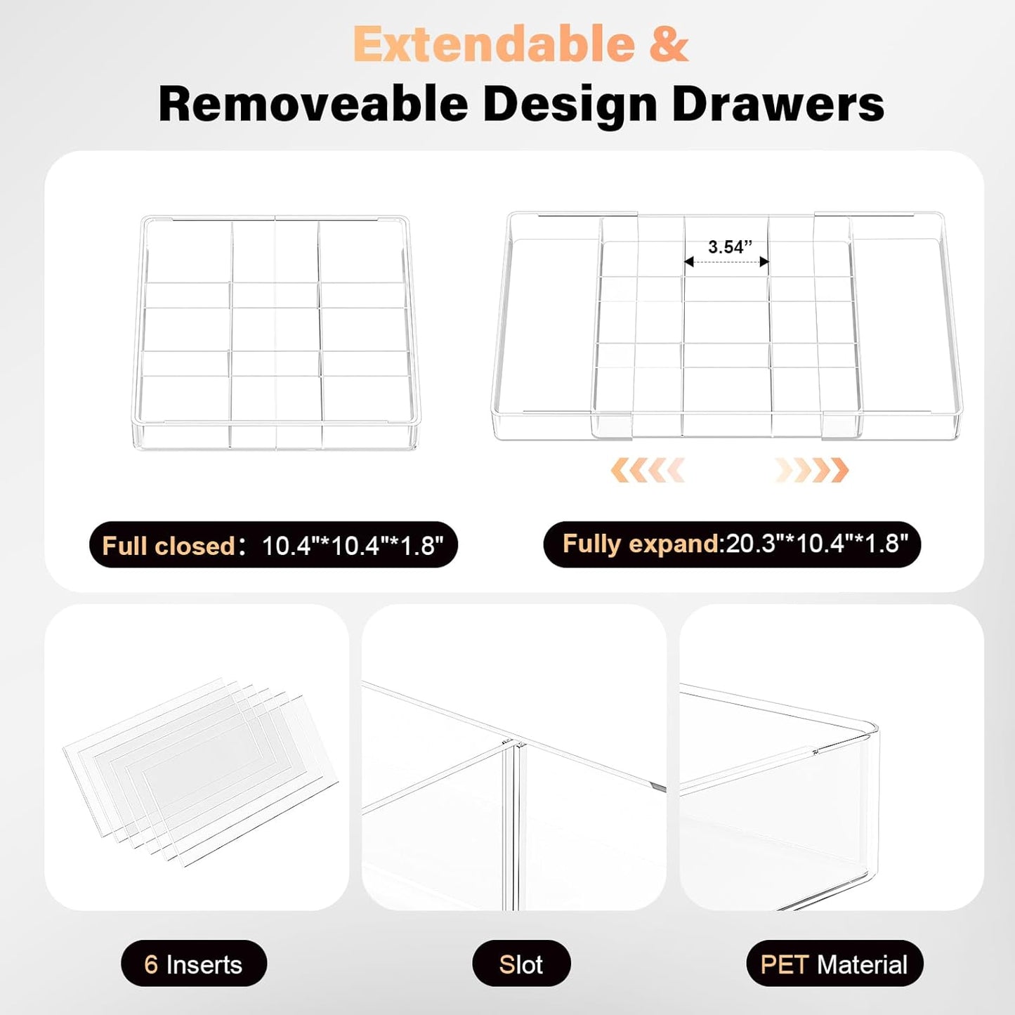 Acrylic Expandable Desk Drawer Organizer with 11 Adjustable Compartments and 6 Removable Dividers Desk Accessories for Office Kitchen Bathroom Makeup and Utensil Junk Storage (Clear, 2Pcs)