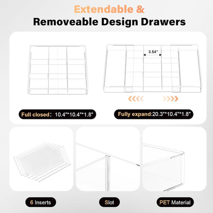 Acrylic Expandable Desk Drawer Organizer with 11 Adjustable Compartments and 6 Removable Dividers Desk Accessories for Office Kitchen Bathroom Makeup and Utensil Junk Storage (Clear, 2Pcs)