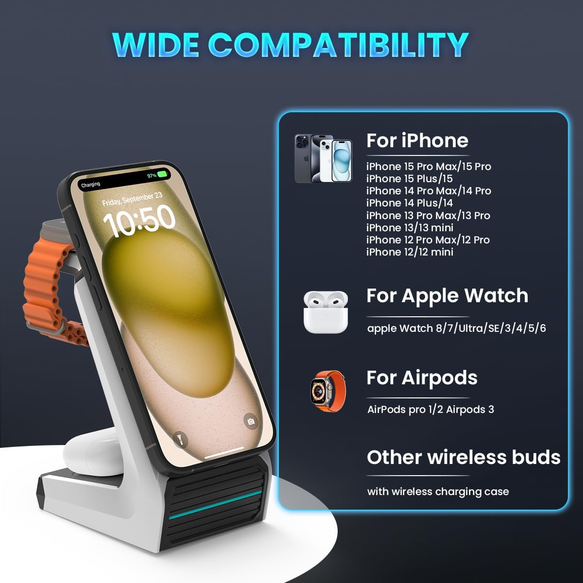 Charging Station for iPhone and Apple Watch: 3 in 1 Wireless Phone Charger Stand for iPhone 17 16 15 14 13 12 11 Pro Max & AirPods, Bedside Nightstand Docking